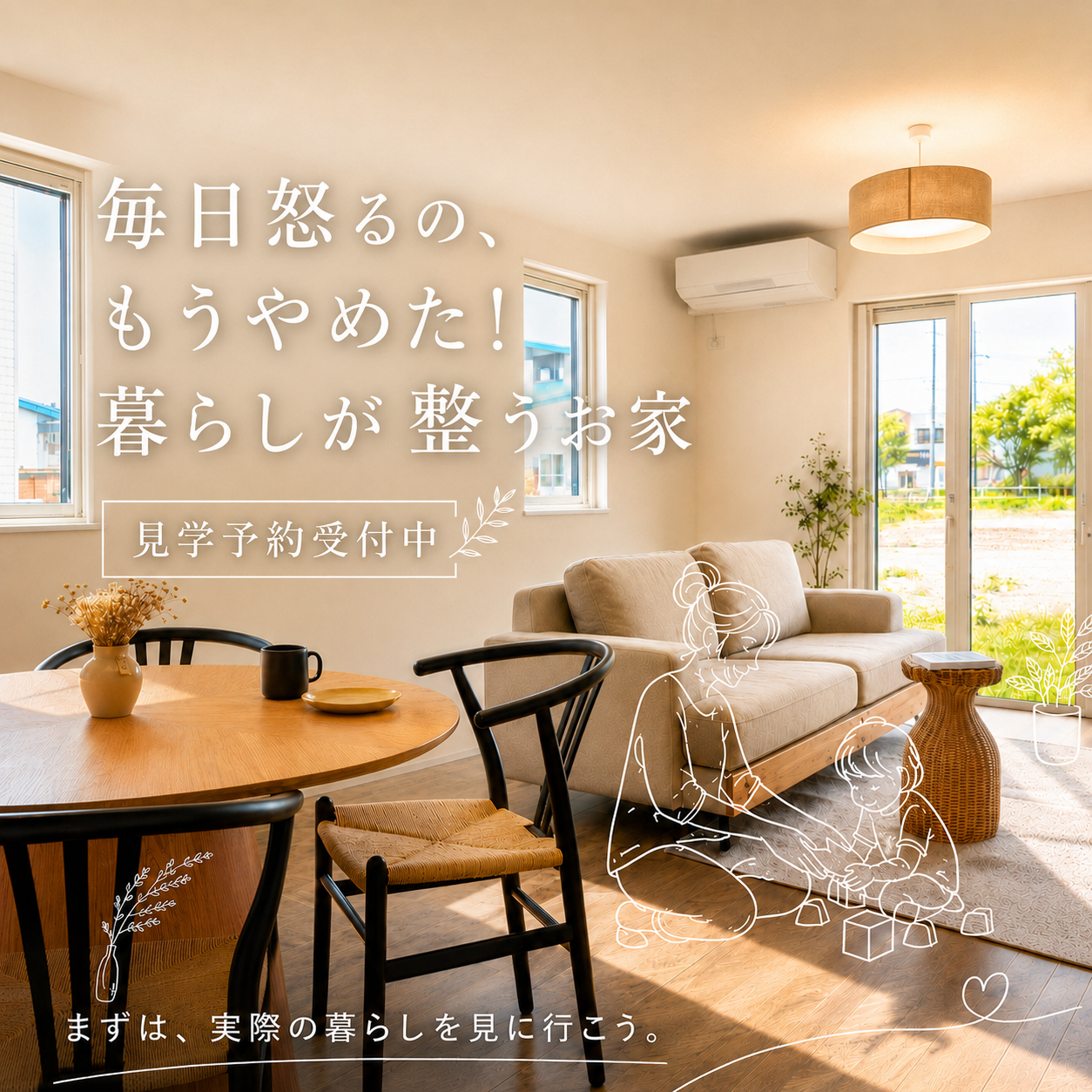 【釧路店】白×木目のLDKが可愛い。家事ラク動線で暮らしが整うナチュラルモダンなモデルハウス